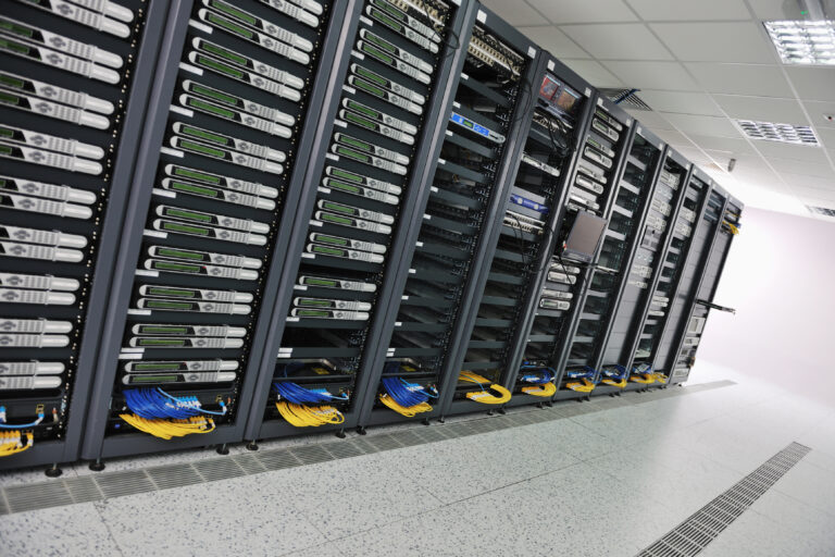 Cat6e cables in a network server room.